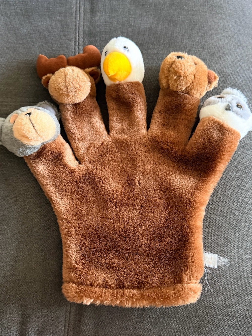 Vintage Plush Animal Hand Puppet - Brown with Mixed Animal Fingers